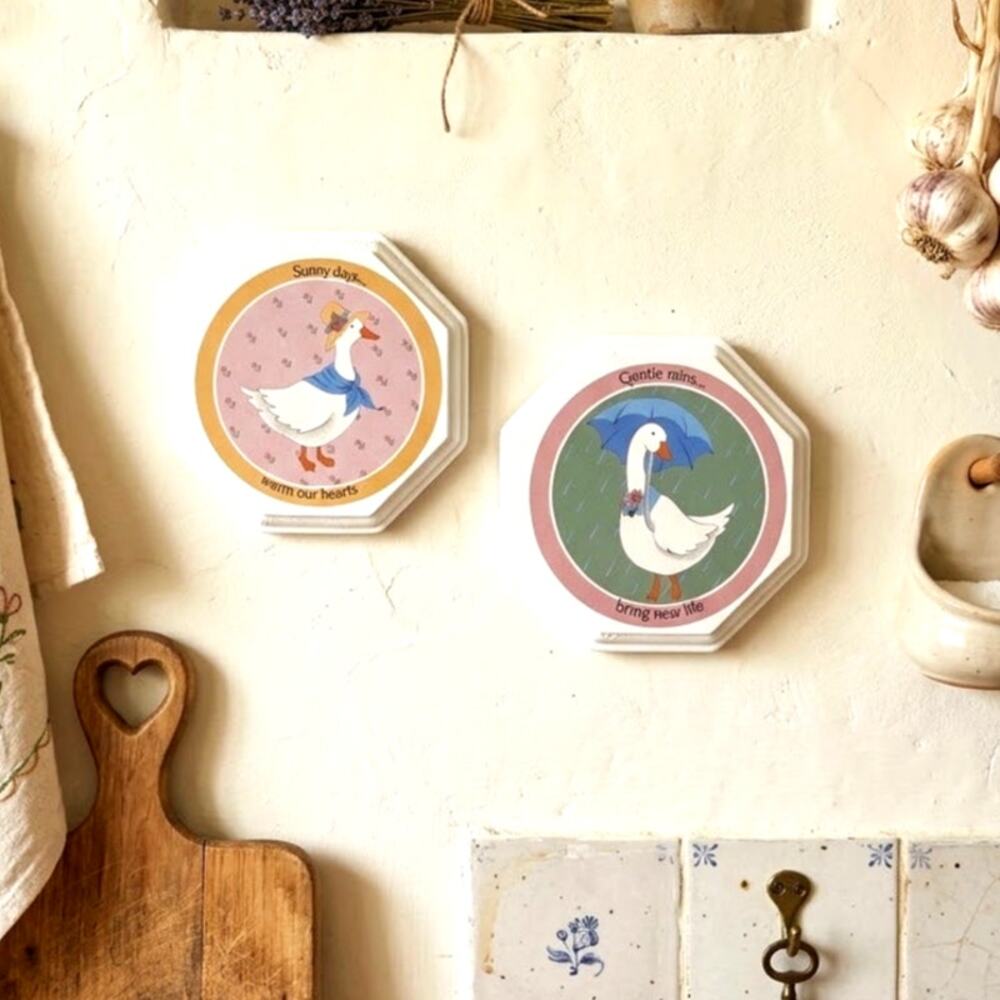 Abbey Press 80s hanging wall art decor set of 2 goose under umbrella goose w/hat